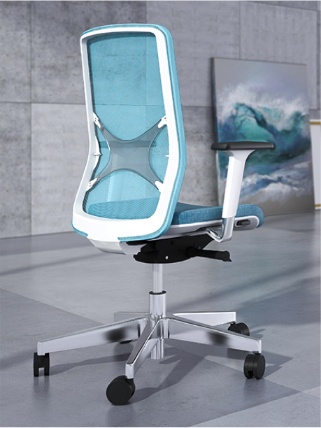 Ergo Wind bureaustoel met blauwe rug en wit frame. Aluminium kruisvoet | Bureaustoelen MKB | narbutas