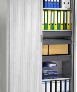 Roldeurkast 198 cm hoog, 120 cm breed met 4 legborden, kleur aluminium | Bureaustoelen MKB