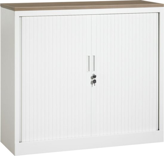 Roldeurkast 105 cm hoog met bovenblad en twee legborden | kleur wit | Bureaustoelen MKB