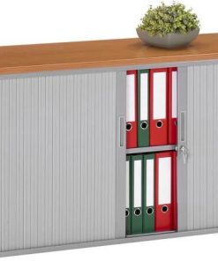 Roldeurkst 72,5 cm hoog, 120 cm breed, kleru aluminum, bovenblad Rodson Eiken | Bureaustoelen MKB