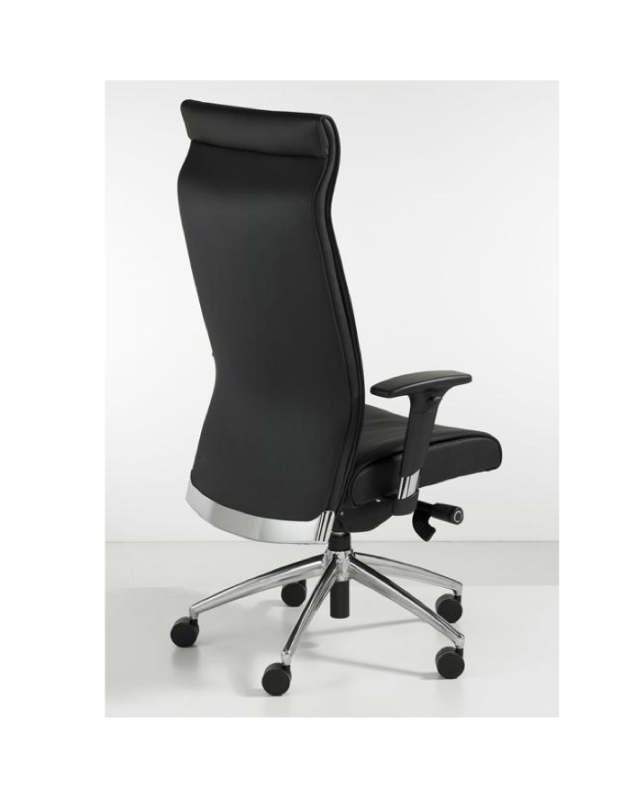 CEO Chair in zweart kunstleer met aluminium gepolijst frame en onderstel, achterkant. Bureaustoelen MKB