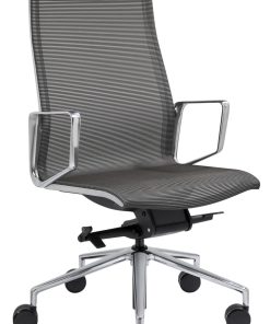 Directie stoel Baaz, met grijze mesh stoffering, alu gepolijst frame en kruisvoet. Bureaustoelen MKB