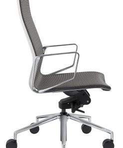 Directie stoel Baaz, met grijze mesh stoffering, alu gepolijst frame en kruisvoet. Bureaustoelen MKVB