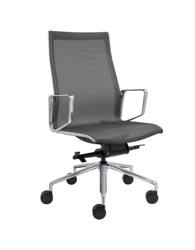 Directie stoel Baaz, met grijze mesh stoffering, alu gepolijst frame en kruisvoet. Bureaustoelen MKB