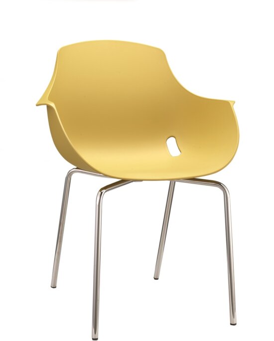 Ago Chair 4-poot chroom, Moderne-kuipstoel, stapelbaar in kleur geel. Bureaustoelen MKB