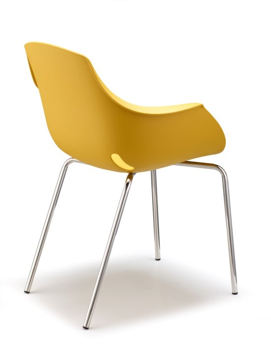 Ago Chair, achterkant, 4-poot chroom, Moderne-kuipstoel, stapelbaar in kleur geel. Bureaustoelen MKB