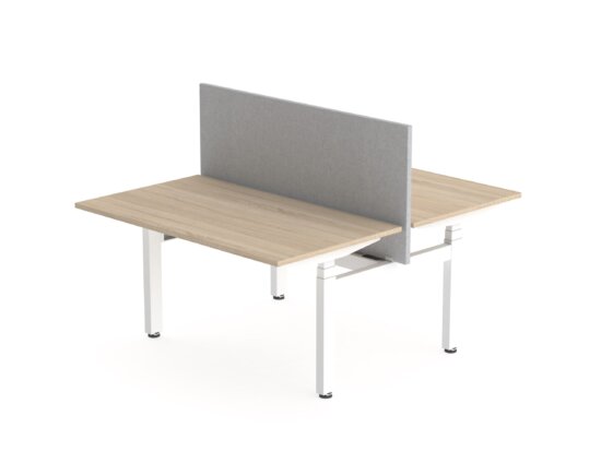 Flex Duo zit sta bureau, met scherm, wit frame en eiken blad. Buraeustoelen MKB